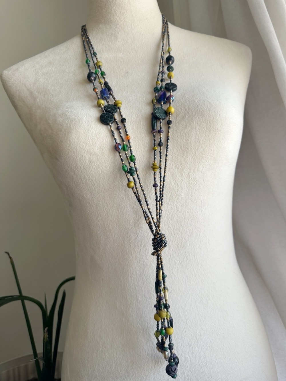 Vintage Multi-Strand Beaded Lariat Necklace in Green Chartreuse and Yellow